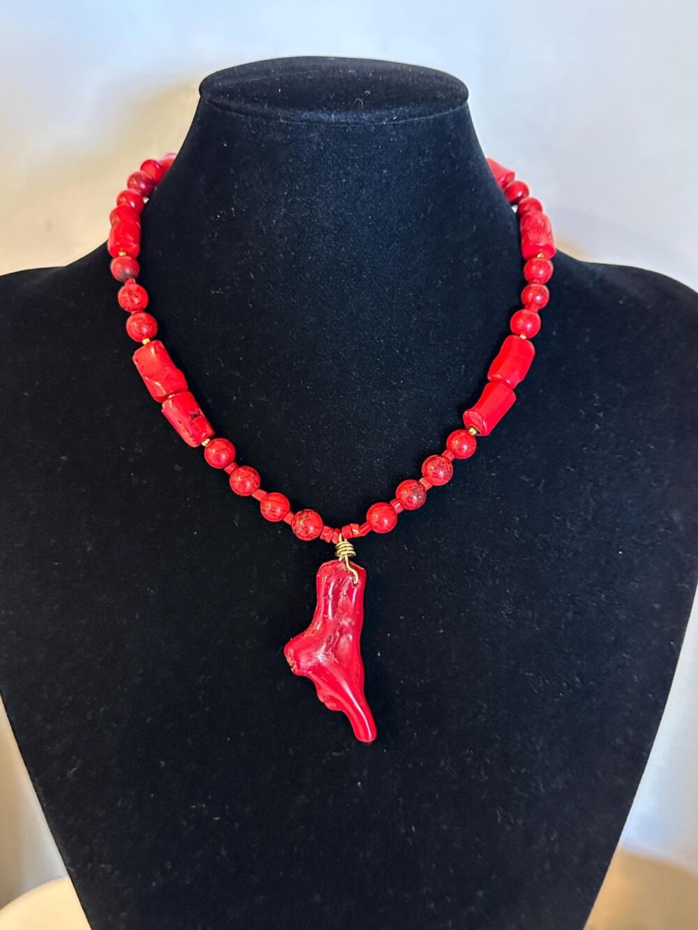 Red Coral Statement Necklace with Organic Branch Pendant, Adjustable 17–19”
